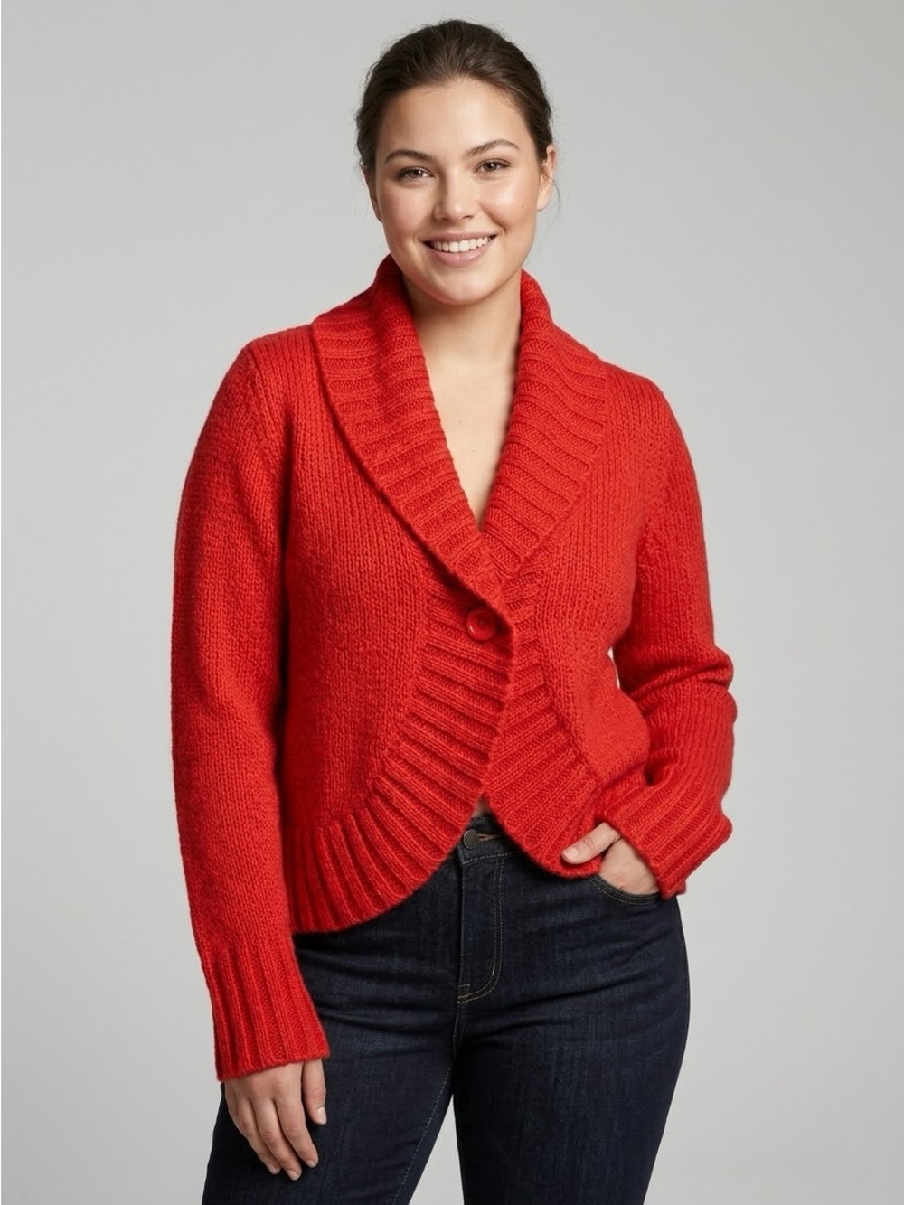 H&M Red Chunky Knit Shawl Collar Single Button Cardigan Sweater L